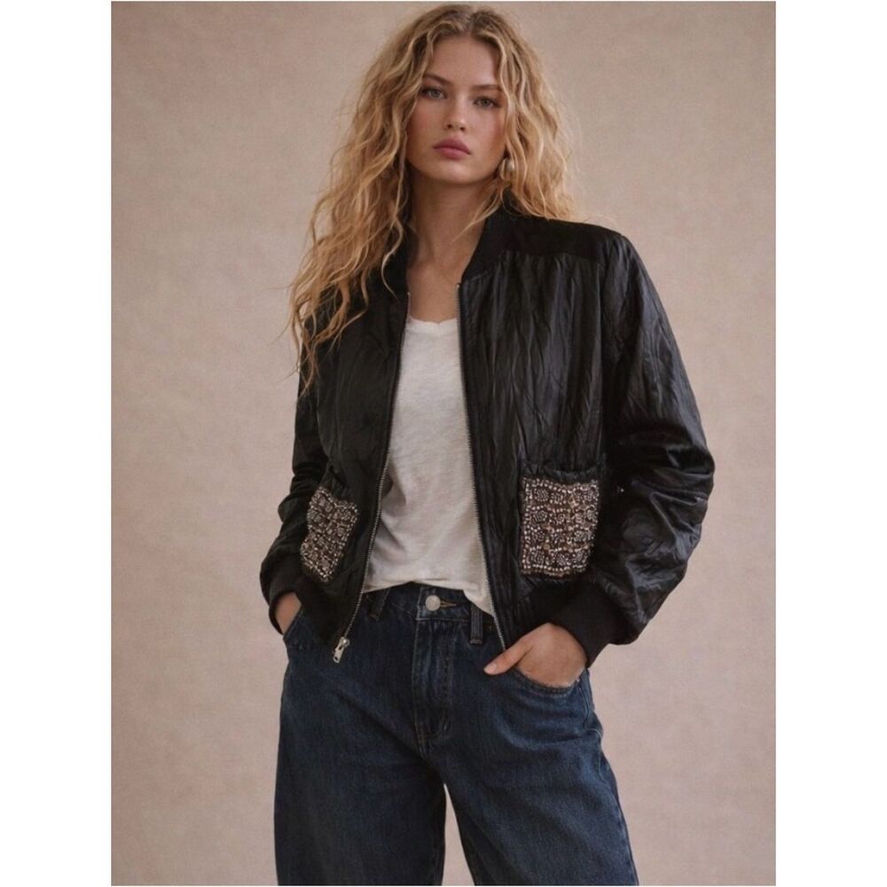 Miss Me Black Metallic Beaded Moto Vegan Leather Jacket